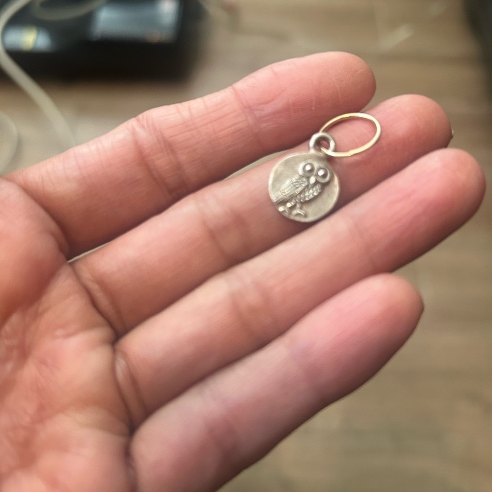 Lee Brevard 14k gold hoop and silver owl charm. Individual earring.